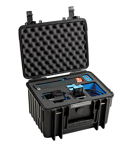 Black opened case with multimedia equipment inside