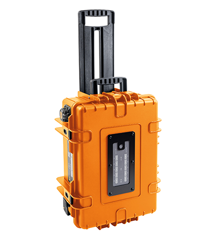 Orange case with battery for mobile power supply. With a carrying handle, a pull handle and wheels.